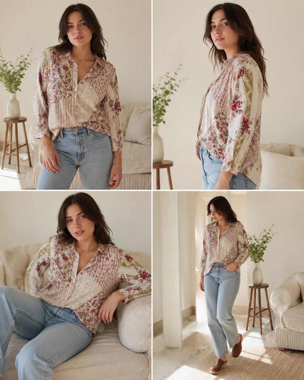 Denim & Co Patchwork Floral Button Up Shirt Medium Cottagecore Boho Cotton